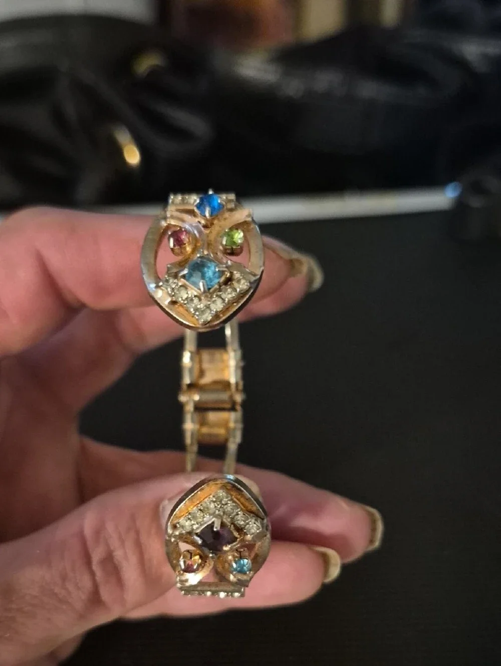 Vintage Gold Tone Grapevine Rhinestone Hinged Cuff Clamper Bracelet